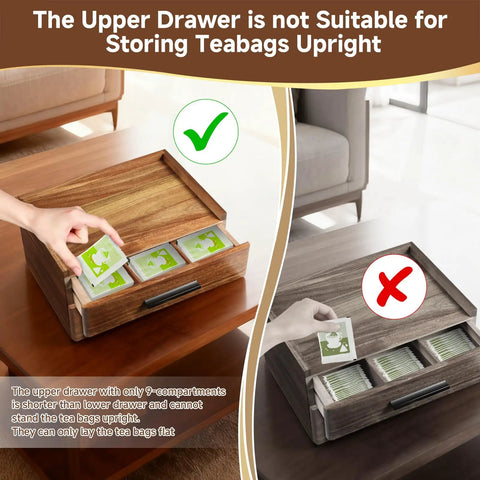 Wood Tea Bag Organizer With Gift Box Double Drawer Tea Box for tea bags illustrating unsuitable upright storage