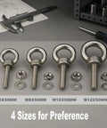 Hardcore Stainless Steel M8 Eyebolts 2 Inch Long Heavy Duty Lifting Screws With Lock Nuts And Washers Rock Solid Anchor Point For Rigging Heavy Loads Up To 220 Pounds Six Pack No Mess Setup displayed in four sizes with nuts and washers.