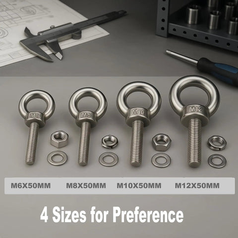 Hardcore Stainless Steel M8 Eyebolts 2 Inch Long Heavy Duty Lifting Screws With Lock Nuts And Washers Rock Solid Anchor Point For Rigging Heavy Loads Up To 220 Pounds Six Pack No Mess Setup displayed in four sizes with nuts and washers.