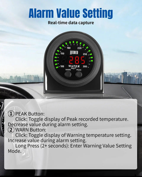 Dual Alert Water Temperature Gauge With 1 Eighth NPT Sensor And Bracket 300F Digital LED Display For Cars Trucks Boats And Marine Applications 52mm 2 Inch Mount Real Time Cooling Temp Monitor For Your Ride, dashboard view