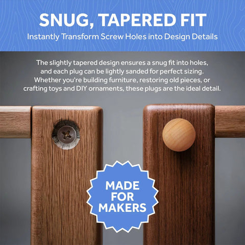 Three Eighth Inch Maple Wood Hole Plugs Pack Of 100 Button Top Plugs For Concealing Screw Holes with snug, tapered fit demonstration.