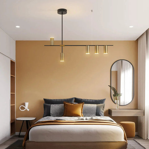 Bedroom with Modern Kitchen Island Light With Remote Dimmable LED Linear Pendant Light 39.3 Inch Black And Gold Dope Dining Room Fixture.