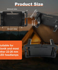 5 Pack Headlamp Holder Clip Mount For 22mm To 26mm LED Headlamps with size details and camping background.