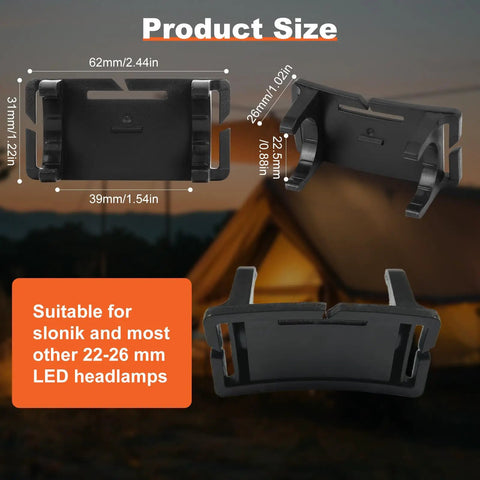 5 Pack Headlamp Holder Clip Mount For 22mm To 26mm LED Headlamps with size details and camping background.