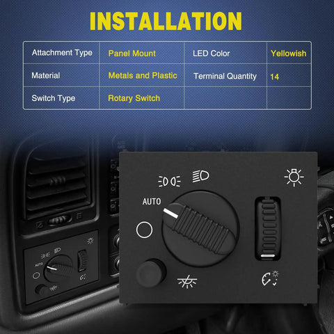 Headlight Dimmer Switch Upgrade For Chevy Silverado 2003-2007, showing rotary panel with yellow LED color.