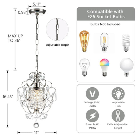 Small Crystal Chandelier Pendant Light Fixture With Elegant Sparkle One Light Adjustable Hanging Fixture for Home Decor details