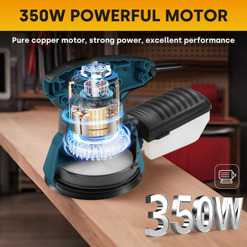Slick Five Inch Orbital Sander With Six Speed Controls And Killer Dust Collection For Dead Simple Wood And Metal Refinishing At Thirteen Thousand Rpm With Twenty Grit Abrasive Discs Ready To Go, showing 350W powerful motor details.