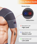 Close-up of Shoulder Heating Pad Massager With Vibration Massage USB Powered Shoulder Wrap For Rotator Cuff Pain Relief and control buttons.