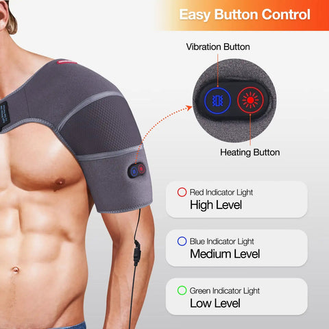 Close-up of Shoulder Heating Pad Massager With Vibration Massage USB Powered Shoulder Wrap For Rotator Cuff Pain Relief and control buttons.
