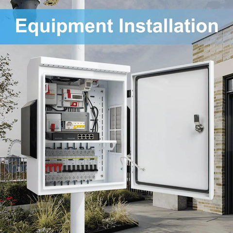 Beefy Outdoor Electrical Box With Thermostat And Fan for weatherproof protection installed on pole, IP65 waterproof, open view