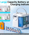 Pocket Sized Ultra Compact Portable Air Pump For Inflatables And Air Beds With USB Rechargeable Battery and charging indicators.
