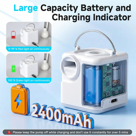 Pocket Sized Ultra Compact Portable Air Pump For Inflatables And Air Beds With USB Rechargeable Battery and charging indicators.