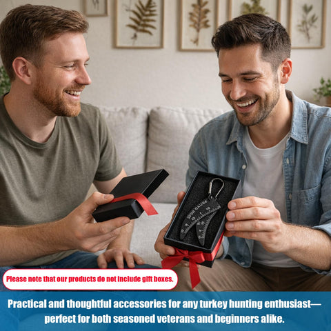 Two men holding a Turkey Spur Gauge Kit for Hunters Accurate Spur Length Measurement Compact Ruler With Hanging Hole in a gift box.