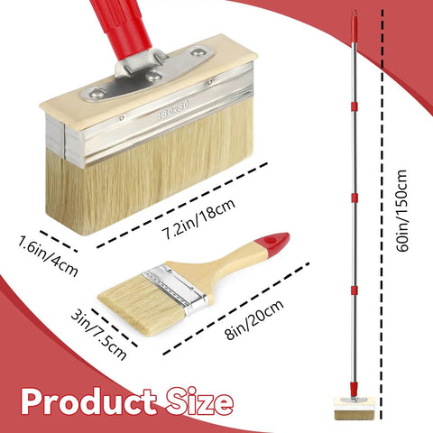 Focus keyword: 60 Inch Long Handle Deck Stain Brush Kit With 7 Inch Deck Stain Brush And 3 Inch Paint Brush For Wood Stains Oils Decking Coatings Fences Walls Furniture And Outdoor Wood Projects. Image showing brush sizes and 60-inch handle.