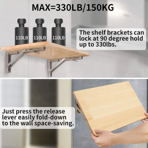 Heavy Duty Folding Shelf Brackets 16 Inch Stainless Steel Supports Collapsible Shelf Bracket For Table And Work Bench 330 Lb Max Load Space Saving DIY Bracket Pack Of 2 shown holding 330 lb weights.