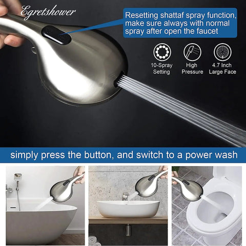High Pressure Handheld Shower Head With 10 Settings, 4.7 Inch Detachable Shower Head Kit, Brush Nickel Finish spraying water