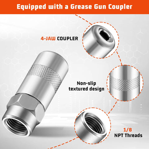 FIXSMITH grease gun hose extension, 12-inch flexible whip, 4500 PSI, knurled metal grip, 1/8 NPT threads