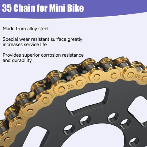 Close-up of gold alloy steel 35-chain for mini bike resting on a black sprocket.