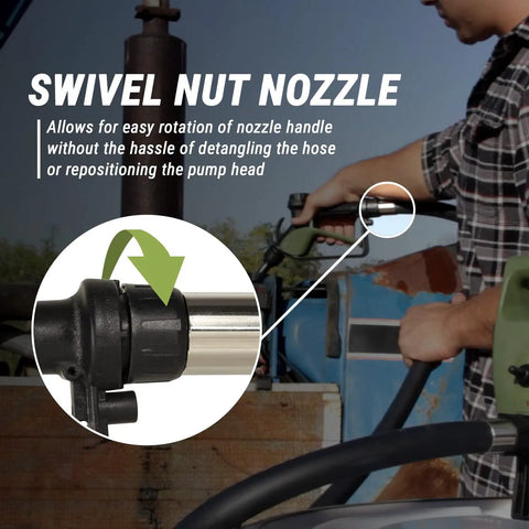 Swivel nut nozzle detail on Heavy Duty Telescopic Electric Drum Pump with extended suction handle for efficient liquid extraction.