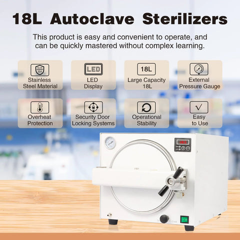 18L lab autoclave sterilizer with white front-loading circular door and LED display