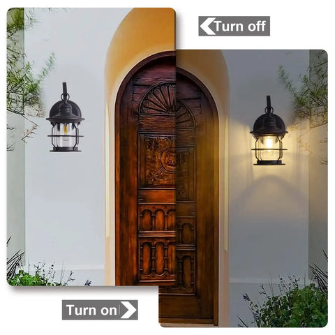 2 Pack Outdoor Wall Sconce Lanterns lit and unlit on porch beside wooden door, black exterior with clear glass shade