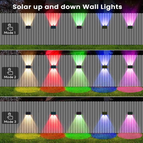 Level Up Your Backyard With Badass Multicolor Solar Fence Lights That Bring Sick Lighting Vibes And Weather Resistant IP67 Design For Patios Porches Gardens And Garages Featuring Dusk To Dawn Sensor Six Pack showcasing multiple color modes on a wooden fence.