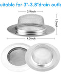 Rock Solid 2 Pack Kitchen Sink Strainer Set No Sweat Stainless Steel Drain Filter with 4.5 inch wide rim and mesh design.