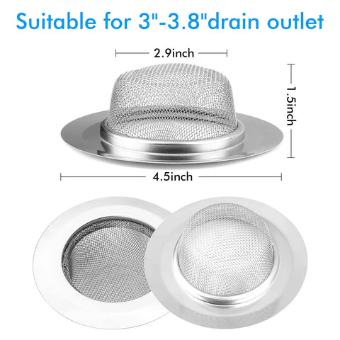 Rock Solid 2 Pack Kitchen Sink Strainer Set No Sweat Stainless Steel Drain Filter with 4.5 inch wide rim and mesh design.