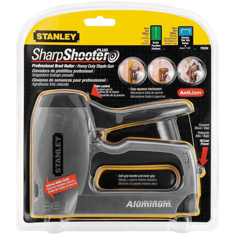 SharpShooter Plus Nail Gun Workhorse Heavy Duty Construction Tool in retail packaging with aluminum housing.