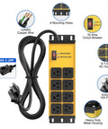 Heavy Duty Power Strip With 20 Amp Surge Protector And 12 Gauge Tough As Nails Wiring Featuring Eight Grounded Outlets Plus 10 Foot Extension Cord For Shop And Garage Builds With No Drama Manual Reset Overload Breaker showing 8 AC outlets and circuit breaker.
