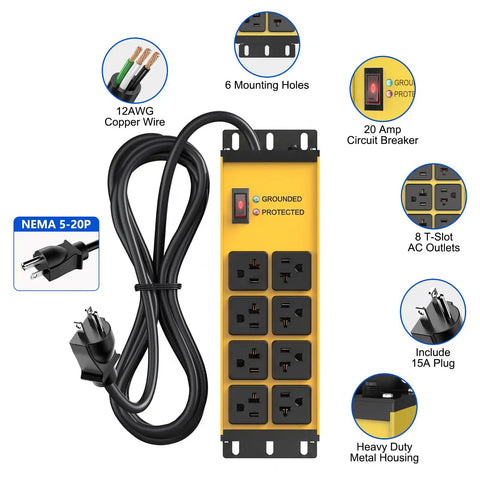Heavy Duty Power Strip With 20 Amp Surge Protector And 12 Gauge Tough As Nails Wiring Featuring Eight Grounded Outlets Plus 10 Foot Extension Cord For Shop And Garage Builds With No Drama Manual Reset Overload Breaker showing 8 AC outlets and circuit breaker.