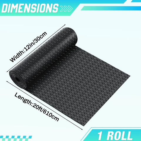 Heavy Duty Diamond Plate Rubber Flooring Roll 12 Inch By 20 Foot Non Slip Garage Mat For Workshop Outdoor Use Waterproof Durable Anti Skid Floor Covering For RVs And Trailers showing rolled out black mat with diamond pattern