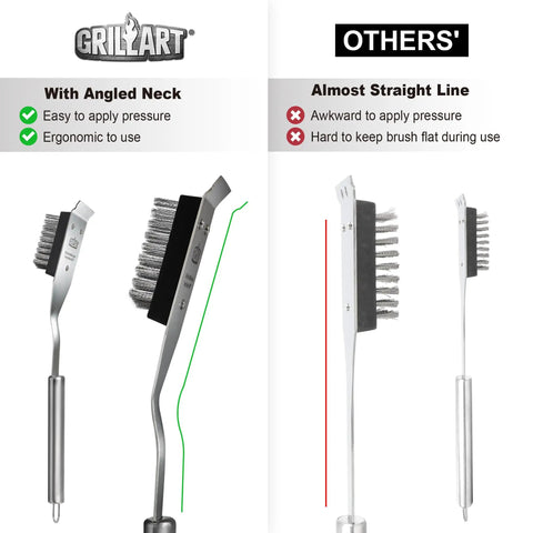 Comparison of Grill Brush And Scraper With 16.5 Inch Stainless Steel Bristles showing angled neck vs straight line design