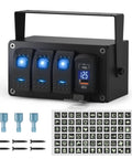 3 Gang Marine Rocker Switch Panel With 12V Dual USB Outlet PD Type C And QC3.0 LED Voltmeter Waterproof Night Glow Labels 20A 24V Rocker Switches For Boat RV Truck Auto And UTV, black metal housing