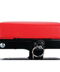 Side view of Foldable C Frame Creeper Rolling Work Seat with Tool Tray in black and red, showing ergonomic red cushion and black frame.