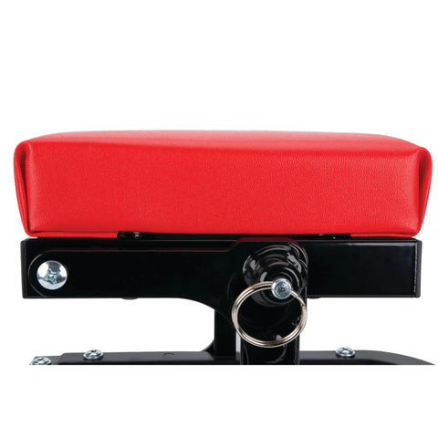 Side view of Foldable C Frame Creeper Rolling Work Seat with Tool Tray in black and red, showing ergonomic red cushion and black frame.