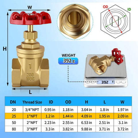 Diagram of 1 Inch NPT Brass Gate Valve, 200 WOG Manual Rotary Sluice Valve with sizing chart and scale weight