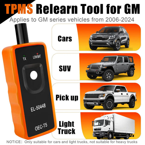 Solid El50448 TPMS Relearn Tool For GM Trucks And Cars, orange reset scanner for cars, SUVs, pickups, and light trucks.