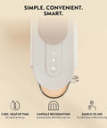 Top view of Vertuo Up All In One Coffee And Espresso Maker In White By DeLonghi with cup under spout, controls visible