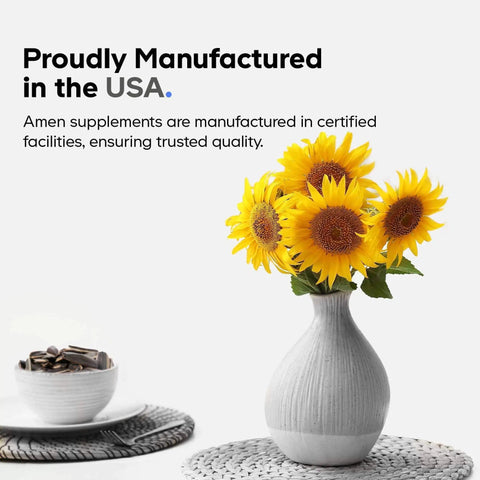 Sunflowers in a vase next to a bowl of capsules, with text highlighting USA manufacturing of supplements.