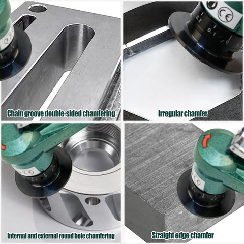 Aepiraza 2 In 1 Pneumatic Air Chamfer Tool Deburring Machine performing various chamfering tasks on metal surfaces.