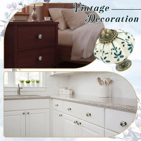 Top Tier Ivory Ceramic Pumpkin Cabinet Knobs Set Of 16 For Kitchen Drawers And Bedroom Furniture With Cute Green Floral Details And Classic Vintage Vibe For Easy Home Makeovers on nightstand and kitchen.