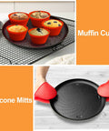 Air Fryer Bake Kit For 6.5 Qt And 8 Qt Foodi Pressure Cooker Includes Multi Purpose Pan Crisper Pan And Loaf Pan Dishwasher Safe Accessories For Casseroles Cakes Pizzas And Veggies with muffin cups and silicone mitts.