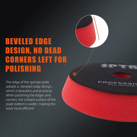 Close-up of beveled edge on red foam pad from Buffing Polishing Pads For 5 Inch DA Rotary Polisher And Air Polisher With Hook And Loop Foam Pads Grits From Coarse To Fine For Top Notch Compounding Polishing And Waxing, showing text overlay about edge design.