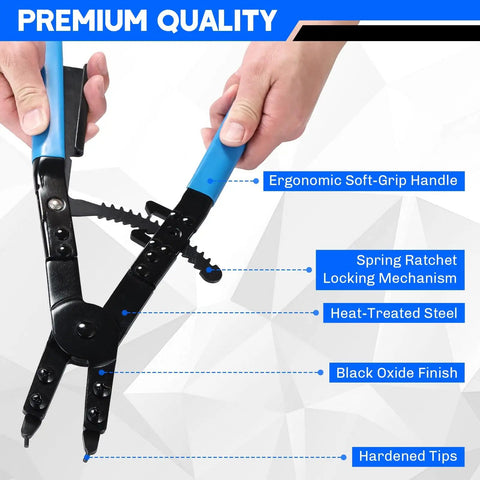 16 Inch Snap Ring Pliers Set Heavy Duty 2 Piece Internal And External Circlip Pliers with ergonomic handle and ratchet lock.