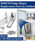 2 Pieces 9590178 Fridge Hinges Replacement Part For Freezer 9590124 9590190 shown with open fridge and hinge close-up view
