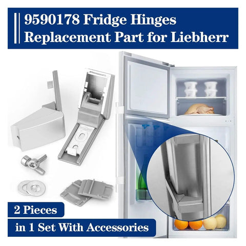 2 Pieces 9590178 Fridge Hinges Replacement Part For Freezer 9590124 9590190 shown with open fridge and hinge close-up view