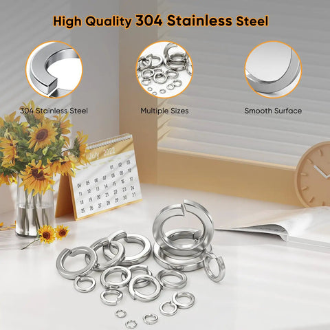Massive 1000 Pieces Spring Lock Washers Set In 304 Stainless Steel Nine SAE Sizes From M2 To M12 Split Lock Washers For Screws And Bolts Corrosion Resistant DIY Auto Marine Hardware Kit, assorted rings