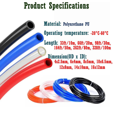 Heavy Duty Polyurethane Pneumatic Air Compressor Hose For Tough Shop Grind Flexible Compressed Air Tubing in various colors and sizes.