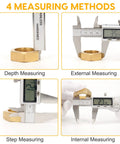 6 Inch Digital Caliper in Stainless Steel with Inch Metric and Fractions Conversion Large LCD Display Accurate to 0.01mm shows depth, external, step, and internal measuring with a nut.